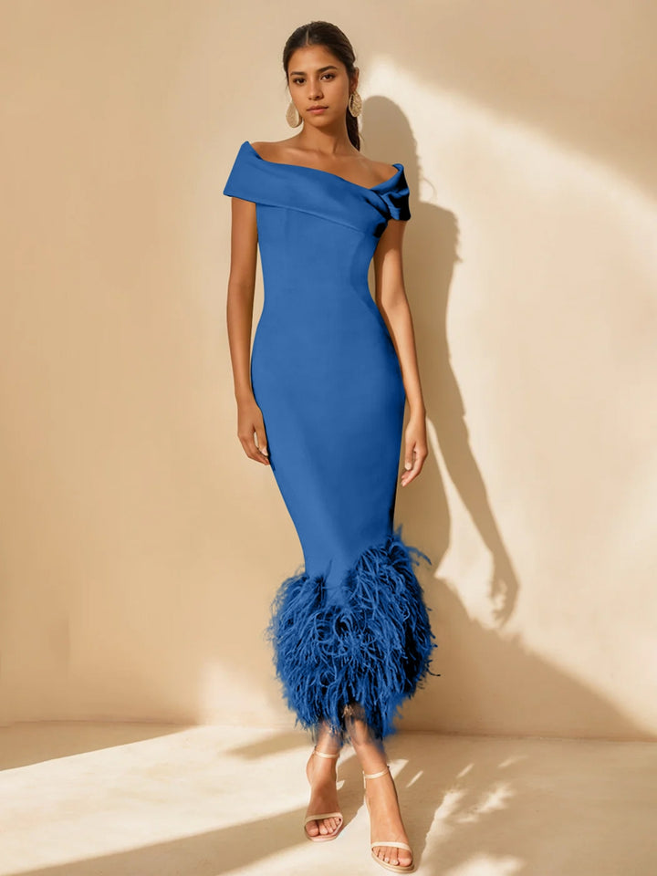 Sheath/Column Off-the-Shoulder Short Sleeves Tea-Length Unique Mother of the Bride Dresses with Feathers