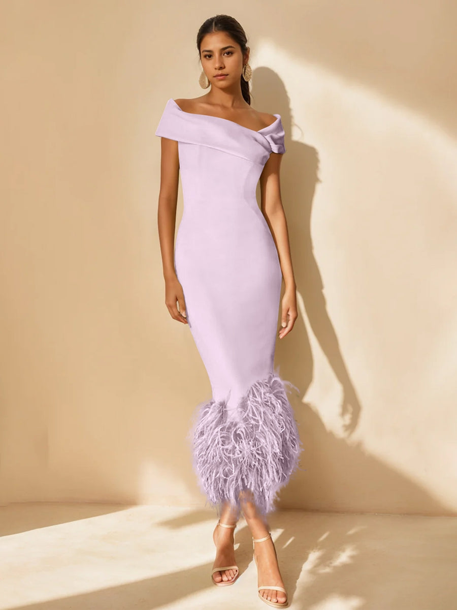 Sheath/Column Off-the-Shoulder Short Sleeves Tea-Length Unique Mother of the Bride Dresses with Feathers