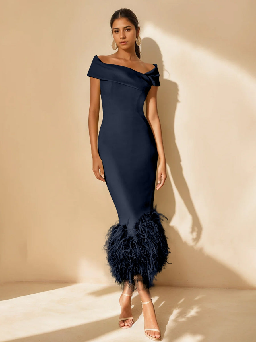Sheath/Column Off-the-Shoulder Short Sleeves Tea-Length Unique Mother of the Bride Dresses with Feathers Navy Blue Sheath/Column Off-the-Shoulder Short Sleeves Tea-Length Unique Mother of the Bride Dresses with Feathers Navy Blue