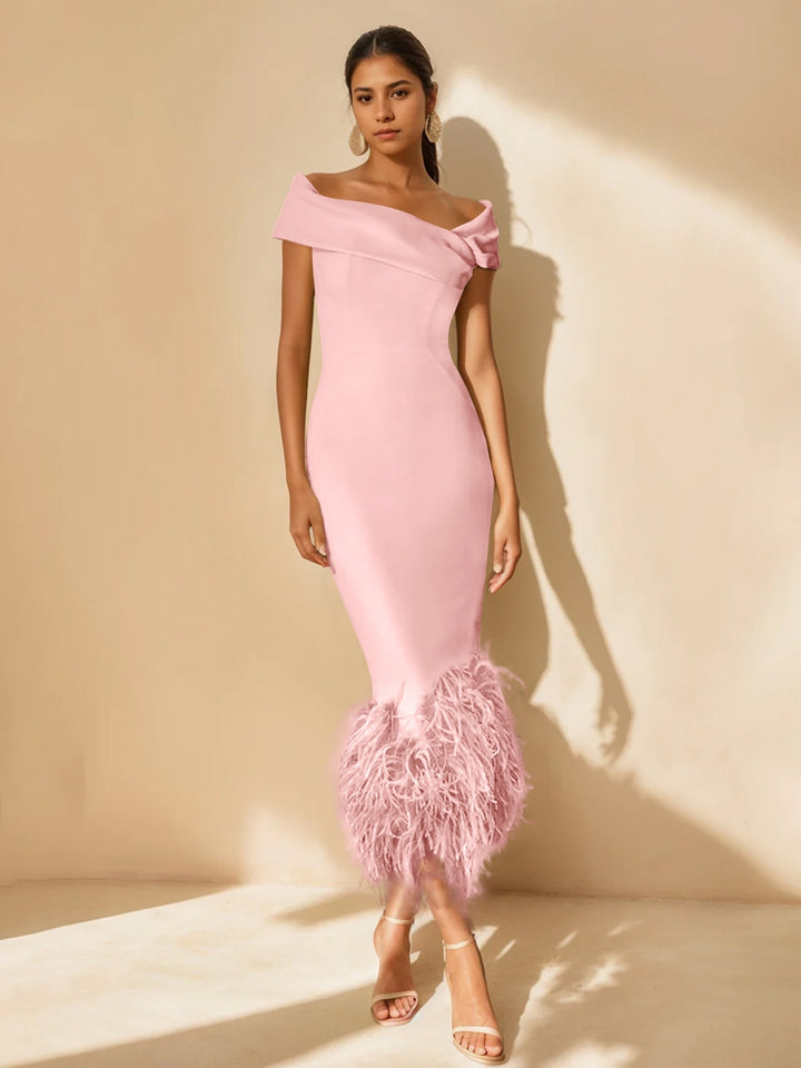 Sheath/Column Off-the-Shoulder Short Sleeves Tea-Length Unique Mother of the Bride Dresses with Feathers