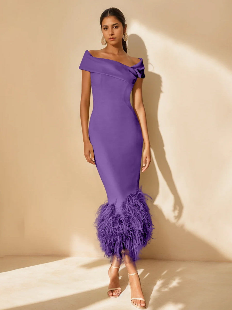 Sheath/Column Off-the-Shoulder Short Sleeves Tea-Length Unique Mother of the Bride Dresses with Feathers Purple Sheath/Column Off-the-Shoulder Short Sleeves Tea-Length Unique Mother of the Bride Dresses with Feathers Purple