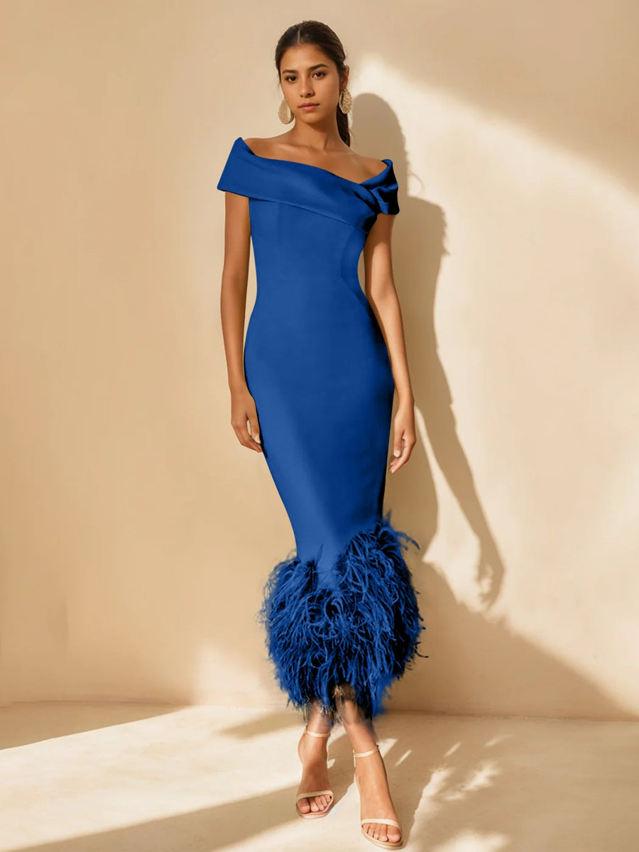honest abes feather dress Royal Blue Mother of The Groom Dresses Mermaid 2026 for Women Elegant Sheath Tea-Length Sleeveless Wedding Evening Party Prom Ball Gowns with Feather