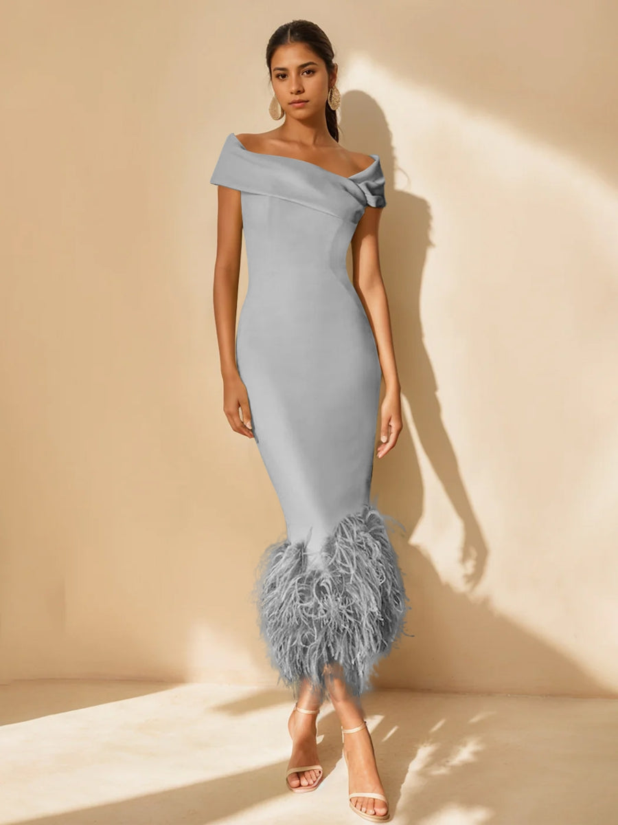 Sheath/Column Off-the-Shoulder Short Sleeves Tea-Length Unique Mother of the Bride Dresses with Feathers