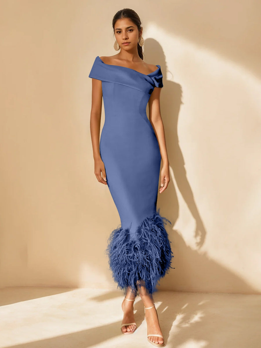 Sheath/Column Off-the-Shoulder Short Sleeves Tea-Length Unique Mother of the Bride Dresses with Feathers