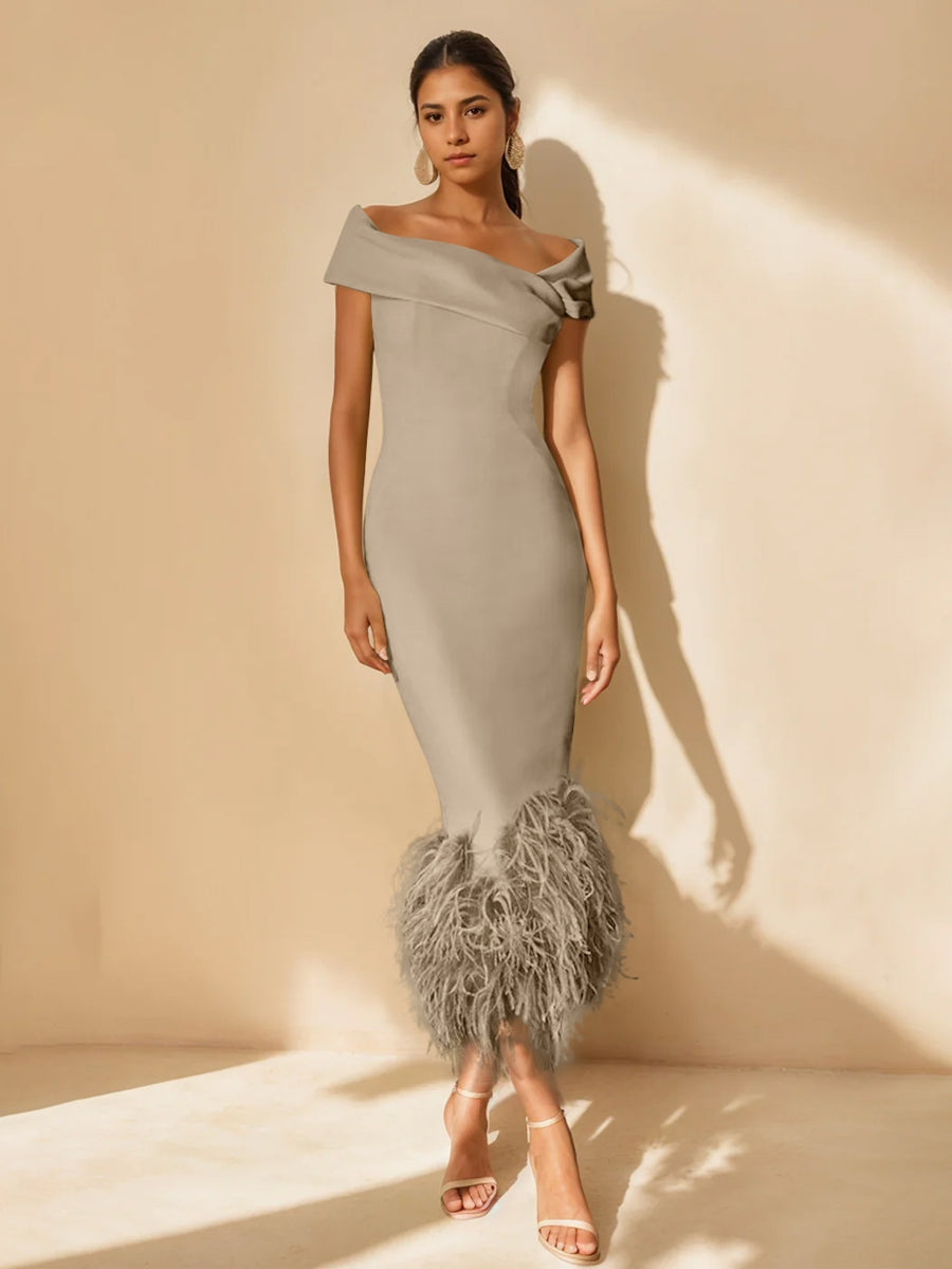 Sheath/Column Off-the-Shoulder Short Sleeves Tea-Length Unique Mother of the Bride Dresses with Feathers