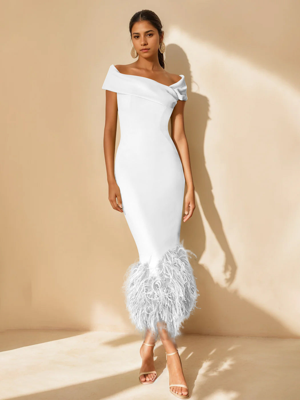 Sheath/Column Off-the-Shoulder Short Sleeves Tea-Length Unique Mother of the Bride Dresses with Feathers