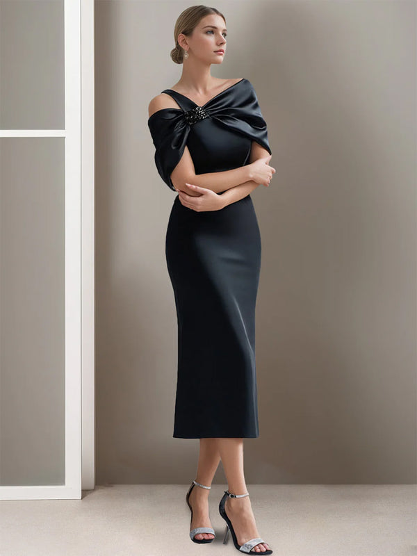Black off the shoulder tea length cocktail dress in satin