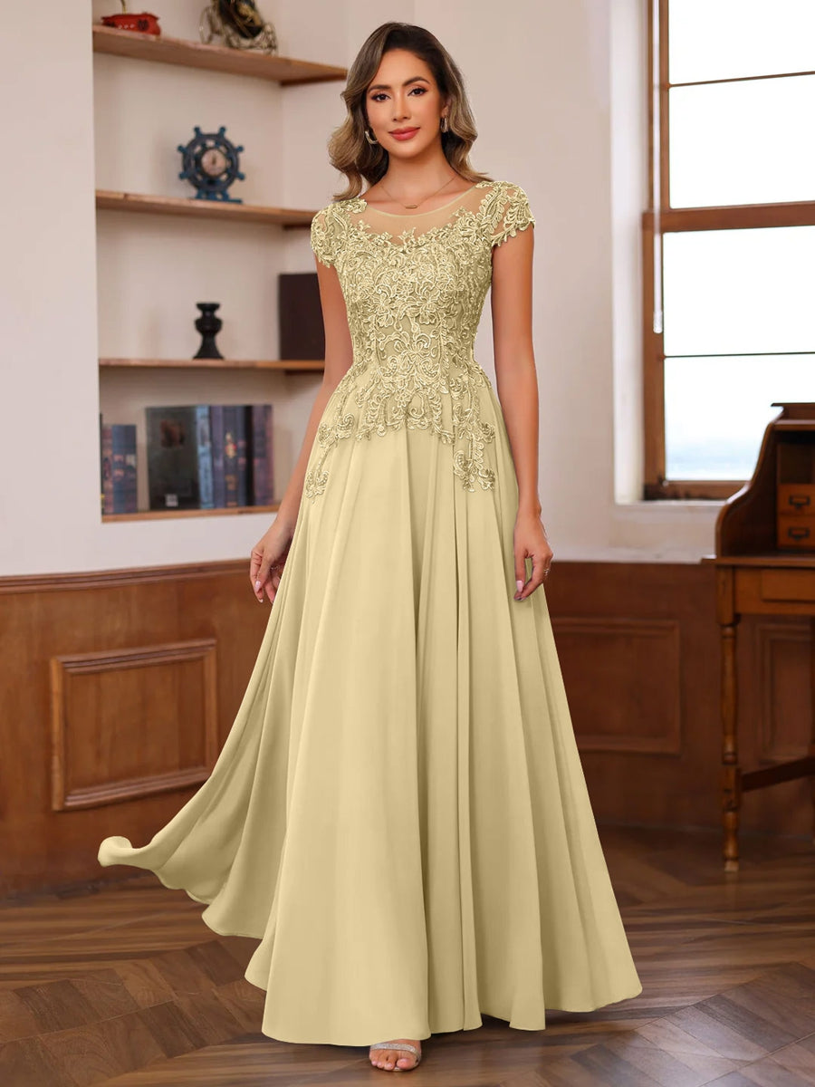 A-Line/Princess Scoop Neck Short Sleeves Floor-Length Mother of the Bride Dresses with Appliques Champagne A-Line/Princess Scoop Neck Short Sleeves Floor-Length Mother of the Bride Dresses with Appliques Champagne