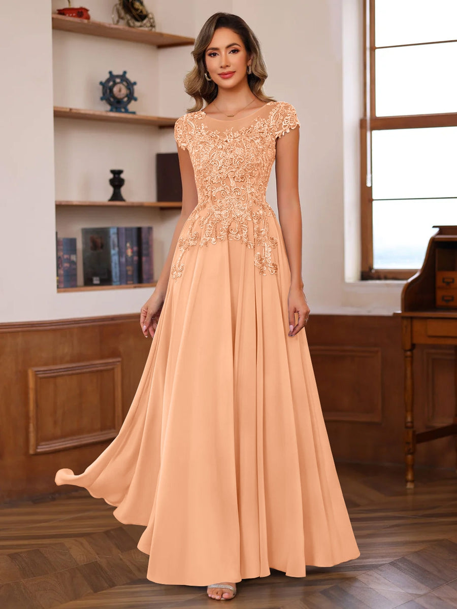A-Line/Princess Scoop Neck Short Sleeves Floor-Length Mother of the Bride Dresses with Appliques Coral
