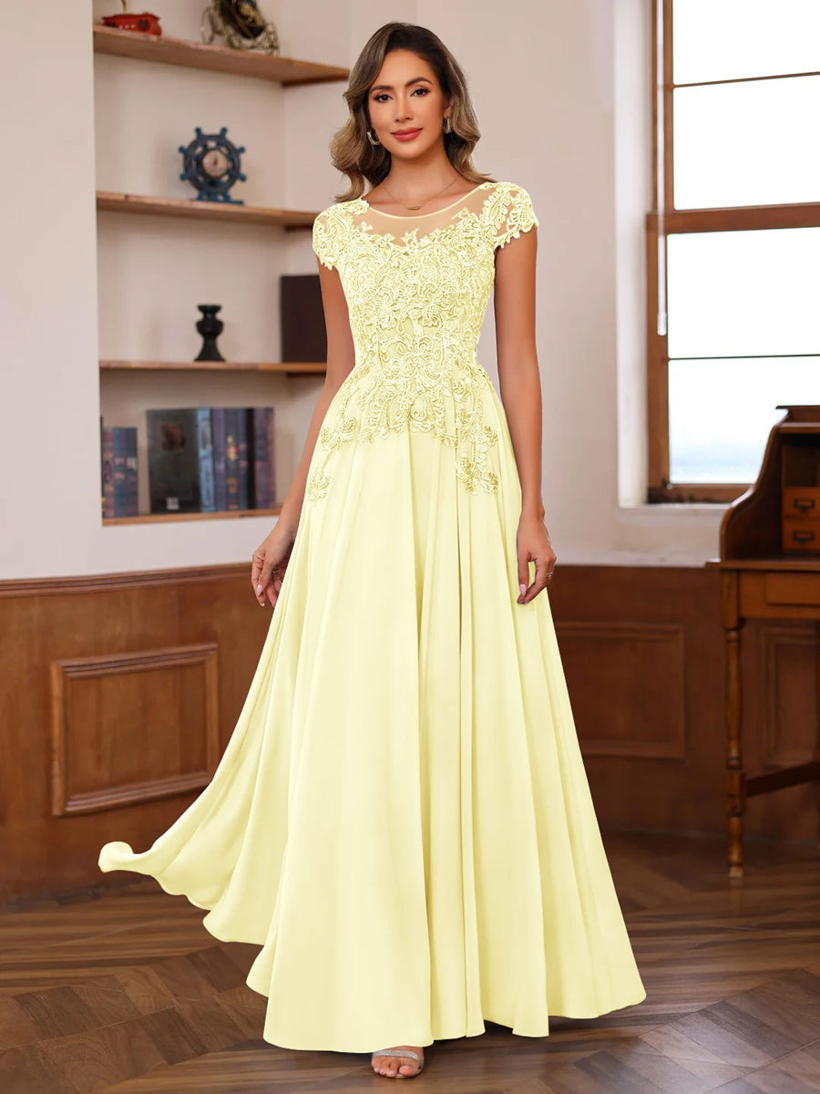 A-Line/Princess Scoop Neck Short Sleeves Floor-Length Mother of the Bride Dresses with Appliques Daffodil A-Line/Princess Scoop Neck Short Sleeves Floor-Length Mother of the Bride Dresses with Appliques Daffodil