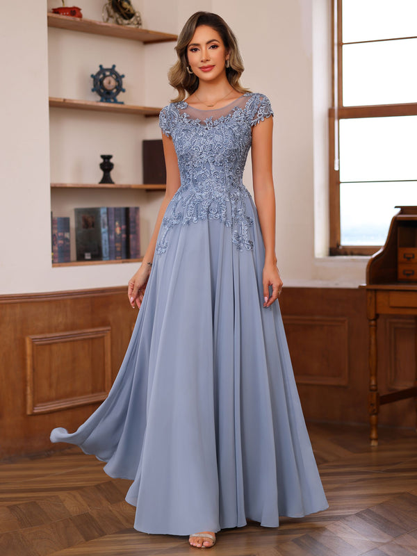 Dusty Blue A-Line Princess Scoop Neck Short Sleeves Floor-Length Mother of the Bride Dresses with Appliques.