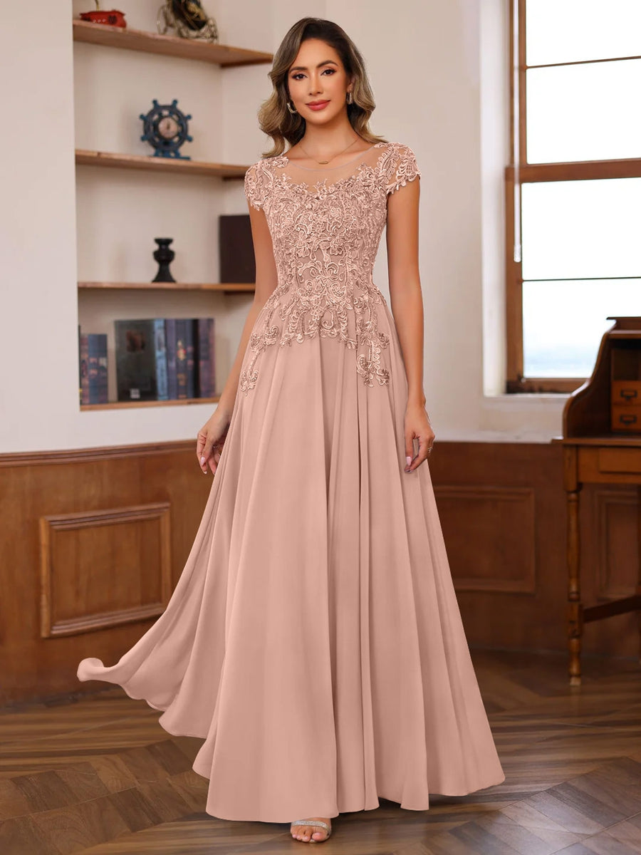 A-Line/Princess Scoop Neck Short Sleeves Floor-Length Mother of the Bride Dresses with Appliques Silver