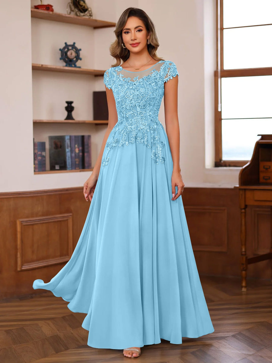A-Line/Princess Scoop Neck Short Sleeves Floor-Length Mother of the Bride Dresses with Appliques Light Blue A-Line/Princess Scoop Neck Short Sleeves Floor-Length Mother of the Bride Dresses with Appliques Light Blue