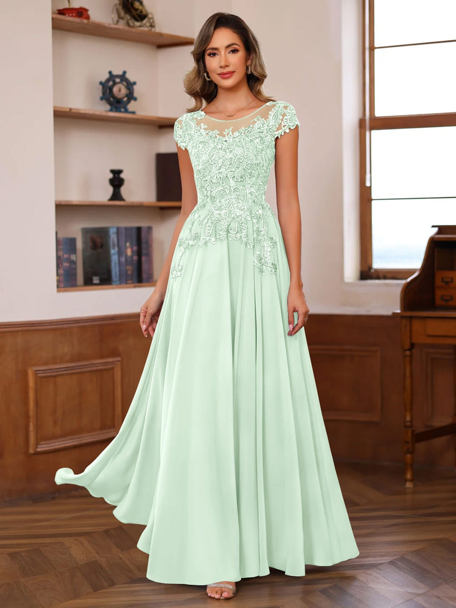 A-Line/Princess Scoop Neck Short Sleeves Floor-Length Mother of the Bride Dresses with Appliques Mist Blue A-Line/Princess Scoop Neck Short Sleeves Floor-Length Mother of the Bride Dresses with Appliques Mist Blue