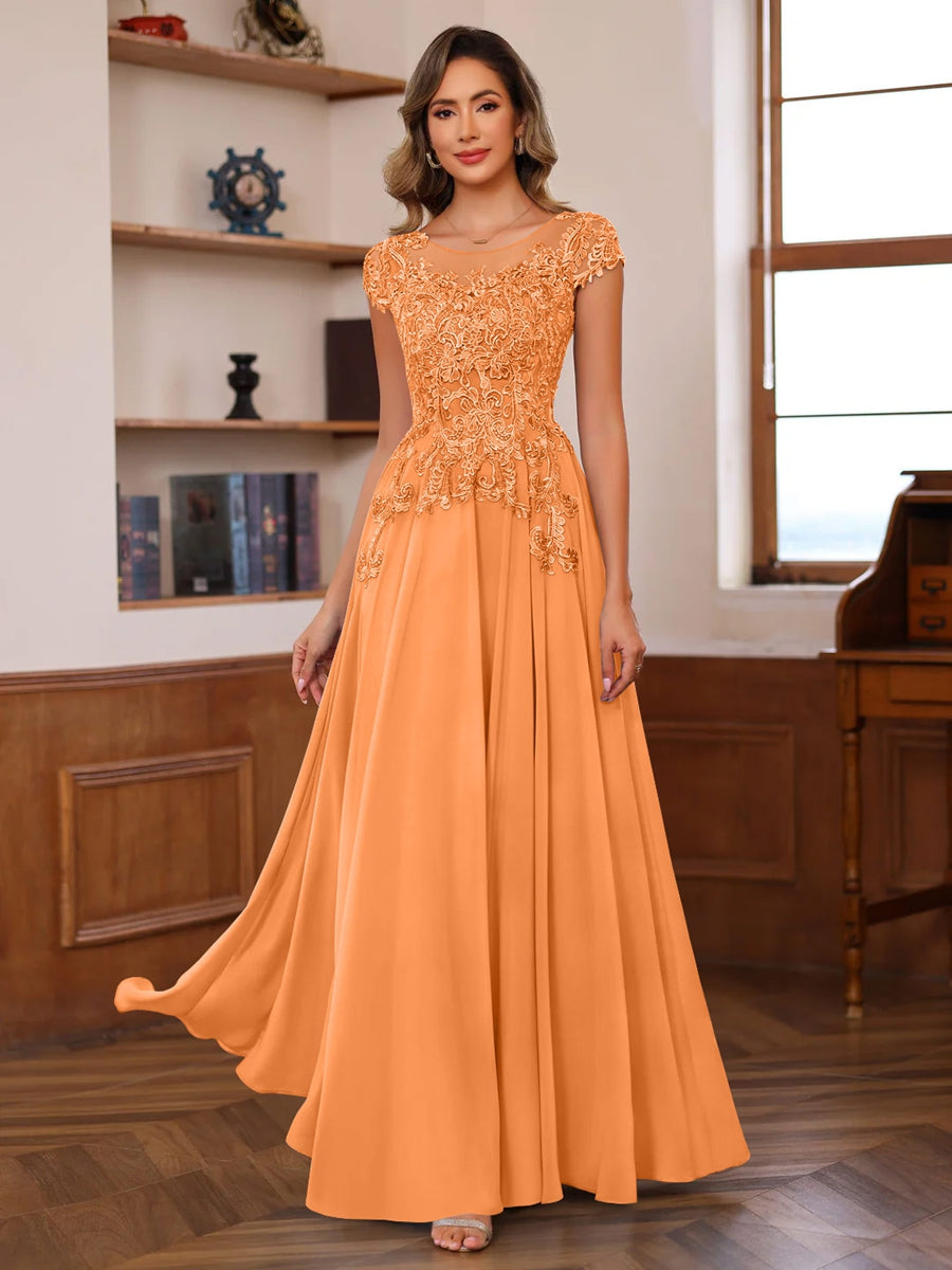 A-Line/Princess Scoop Neck Short Sleeves Floor-Length Mother of the Bride Dresses with Appliques Orange A-Line/Princess Scoop Neck Short Sleeves Floor-Length Mother of the Bride Dresses with Appliques Orange