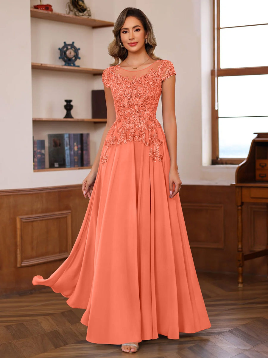 A-Line/Princess Scoop Neck Short Sleeves Floor-Length Mother of the Bride Dresses with Appliques Papaya A-Line/Princess Scoop Neck Short Sleeves Floor-Length Mother of the Bride Dresses with Appliques Papaya