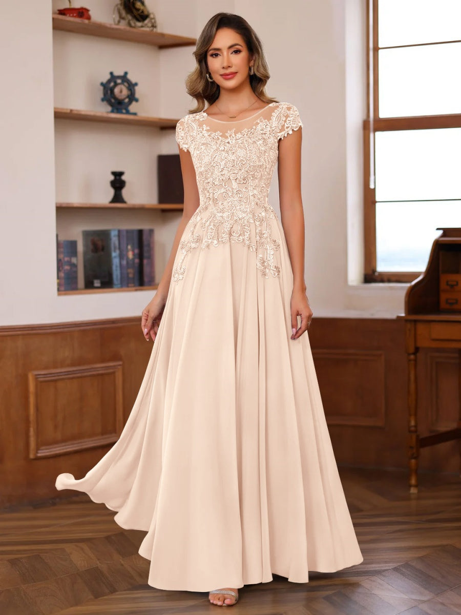 A-Line/Princess Scoop Neck Short Sleeves Floor-Length Mother of the Bride Dresses with Appliques Pearl Pink A-Line/Princess Scoop Neck Short Sleeves Floor-Length Mother of the Bride Dresses with Appliques Pearl Pink