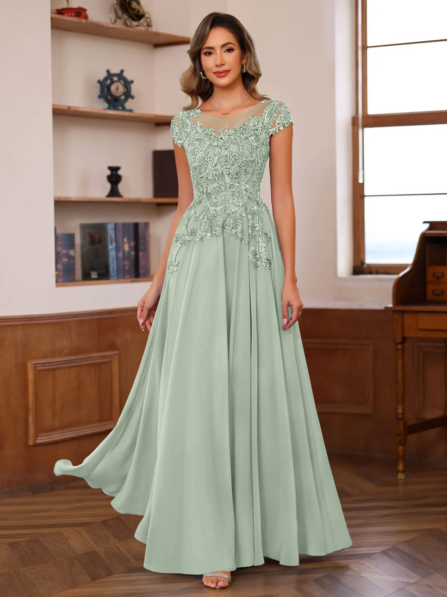 A-Line/Princess Scoop Neck Short Sleeves Floor-Length Mother of the Bride Dresses with Appliques Sage A-Line/Princess Scoop Neck Short Sleeves Floor-Length Mother of the Bride Dresses with Appliques Sage