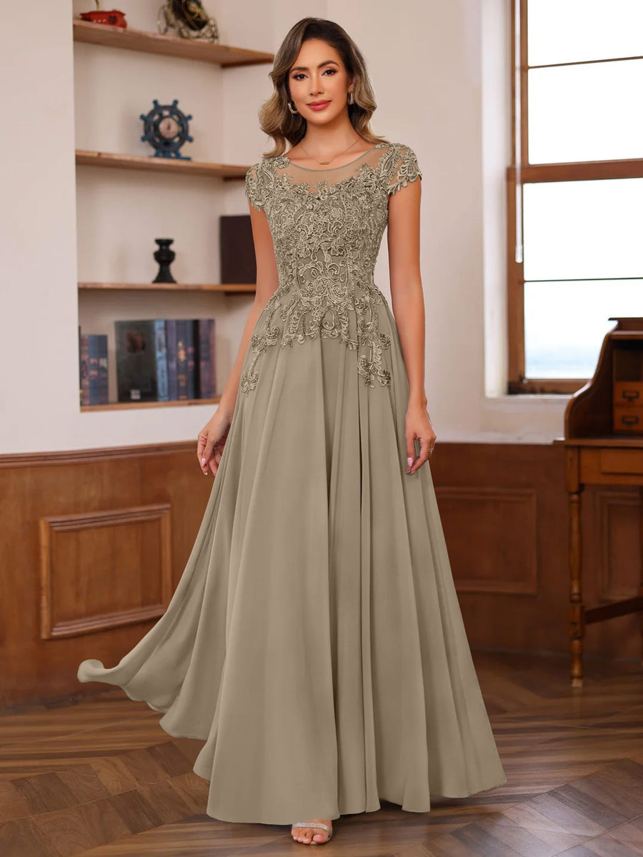 A-Line/Princess Scoop Neck Short Sleeves Floor-Length Mother of the Bride Dresses with Appliques