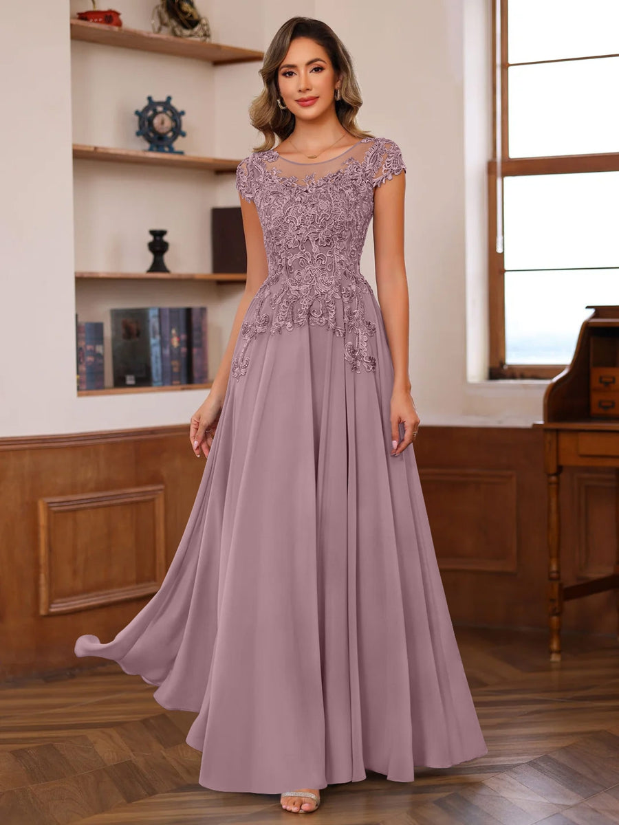 A-Line/Princess Scoop Neck Short Sleeves Floor-Length Mother of the Bride Dresses with Appliques Wisteria A-Line/Princess Scoop Neck Short Sleeves Floor-Length Mother of the Bride Dresses with Appliques Wisteria