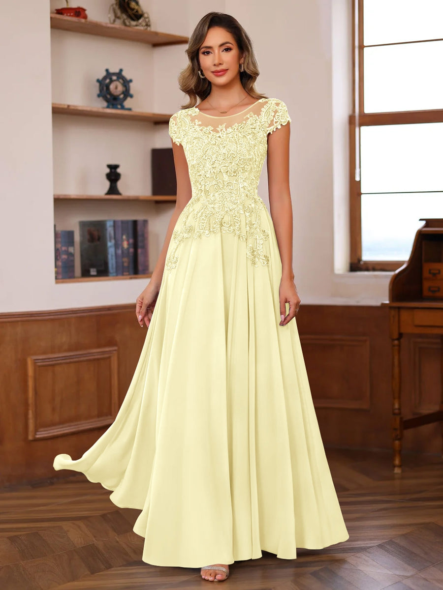 A-Line/Princess Scoop Neck Short Sleeves Floor-Length Mother of the Bride Dresses with Appliques Yellow
