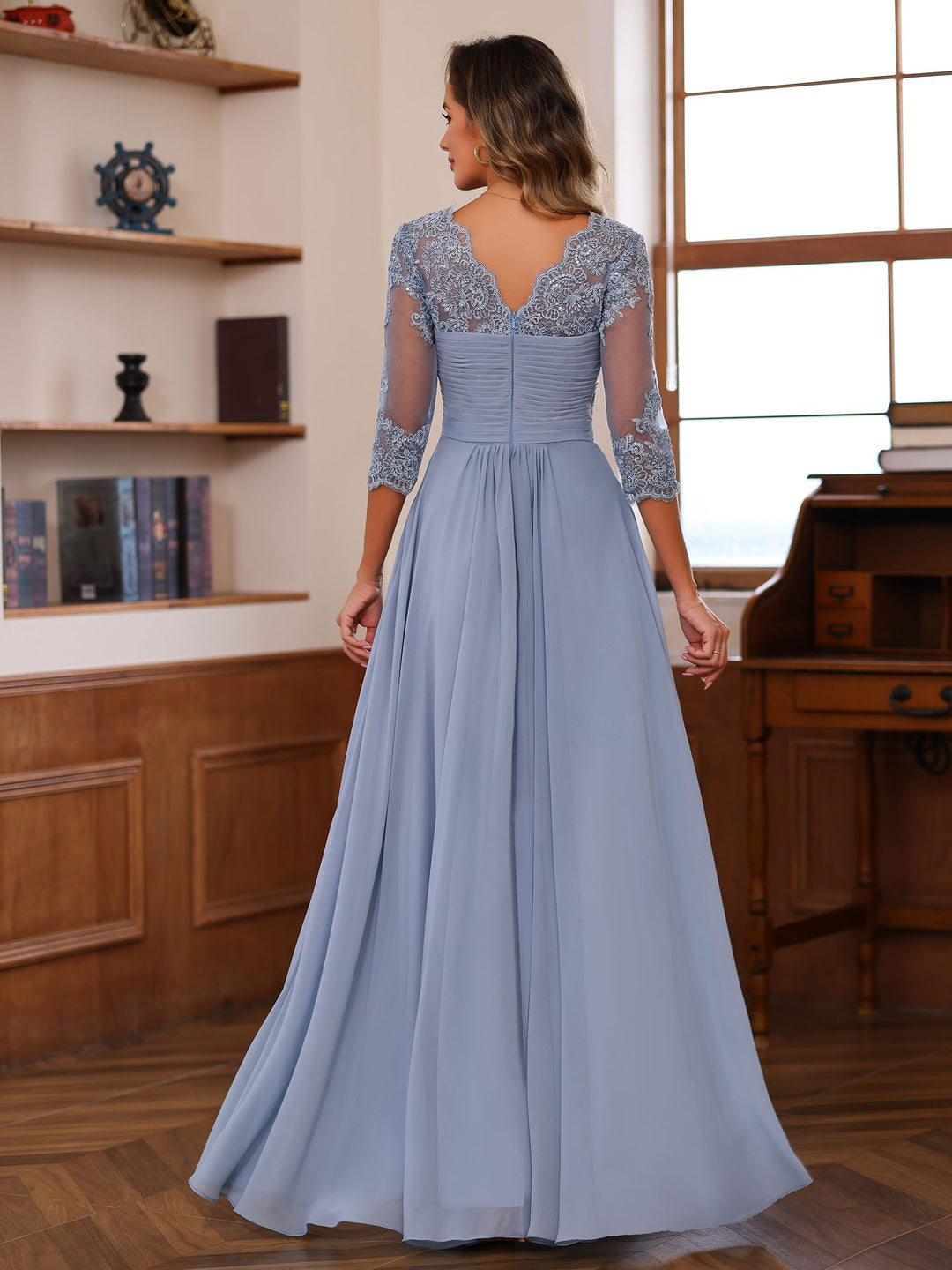 A-Line/Princess Sweetheart Neck 3/4 Length Sleeves Floor-Length Mother Of The Bride Dresses With Lace, Ruffles & Appliques