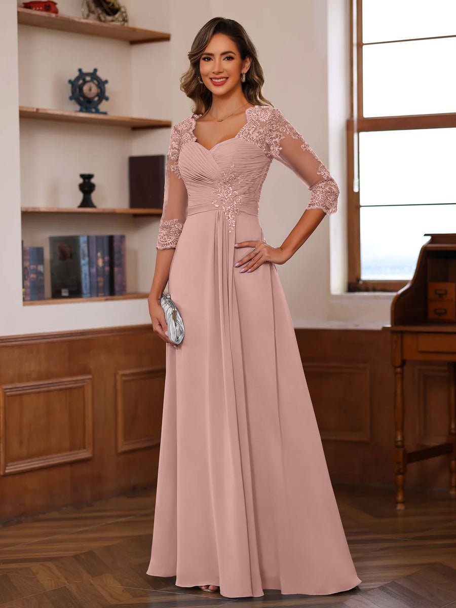 A-Line/Princess Sweetheart Neck 3/4 Length Sleeves Floor-Length Mother Of The Bride Dresses With Lace, Ruffles & Appliques
