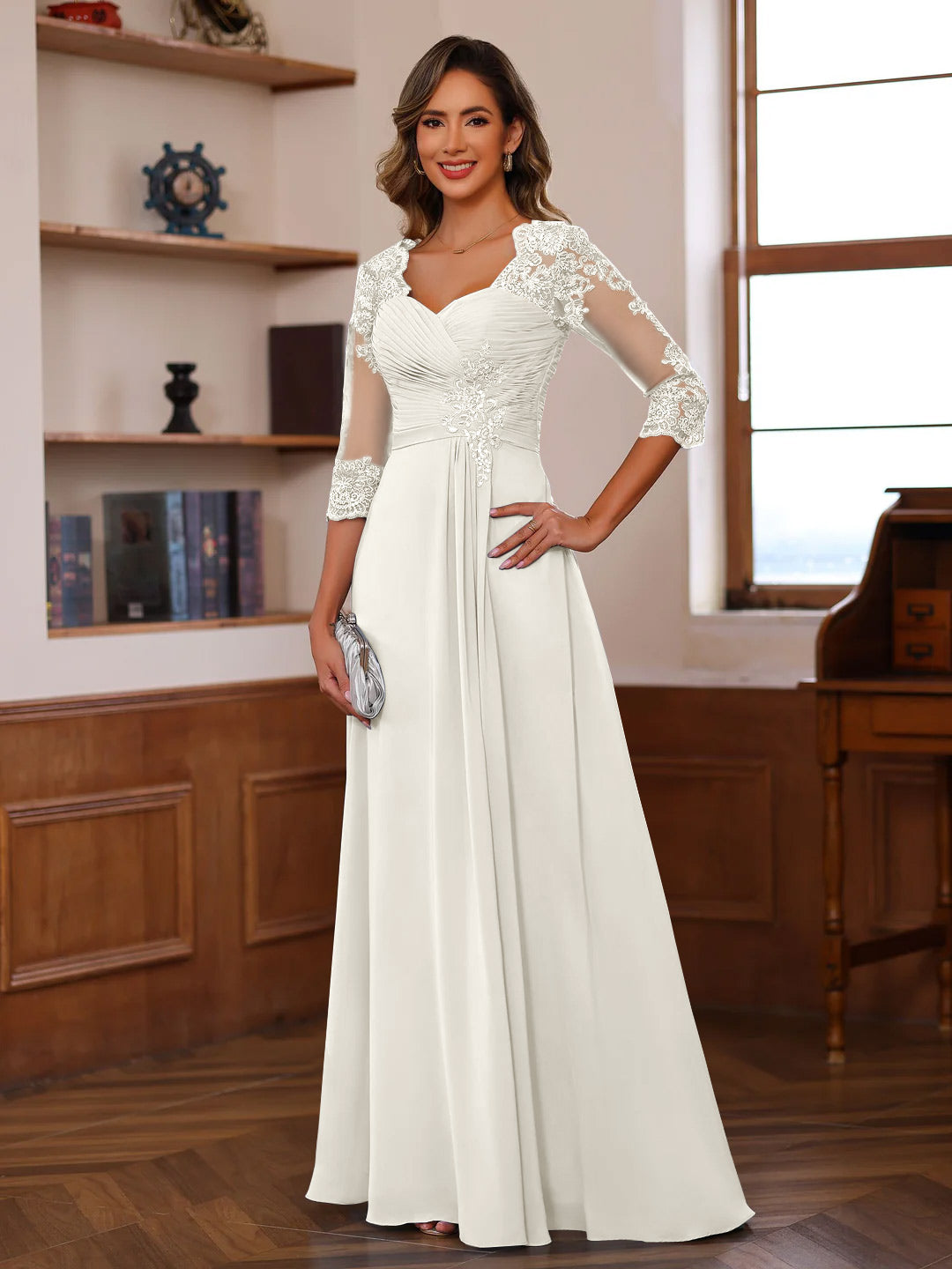 A-Line/Princess Sweetheart Neck 3/4 Length Sleeves Floor-Length Mother Of The Bride Dresses With Lace, Ruffles & Appliques Ivory A-Line/Princess Sweetheart Neck 3/4 Length Sleeves Floor-Length Mother Of The Bride Dresses With Lace, Ruffles & Appliques Ivory