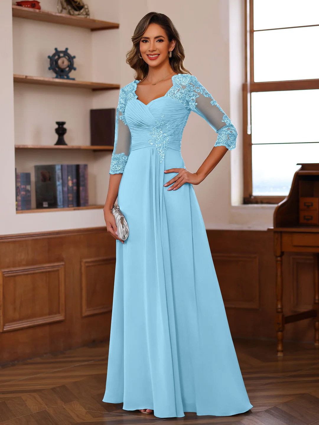 A-Line/Princess Sweetheart Neck 3/4 Length Sleeves Floor-Length Mother Of The Bride Dresses With Lace, Ruffles & Appliques Pool A-Line/Princess Sweetheart Neck 3/4 Length Sleeves Floor-Length Mother Of The Bride Dresses With Lace, Ruffles & Appliques Pool