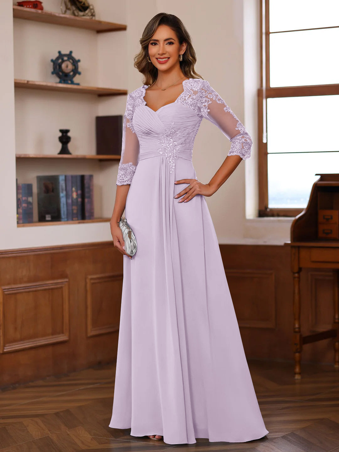 Dusty Blue Mother of The Bride Dresses 2026 A-Line/Princess Sweetheart Neck 3/4 Sleeves Floor-Length Formal Guest Evening Gowns with Lace Appliques, Dusty Blue Mother of The Bride Dresses 2026 A-Line/Princess Sweetheart Neck 3/4 Sleeves Floor-Length Formal Guest Evening Gowns with Lace Appliques,