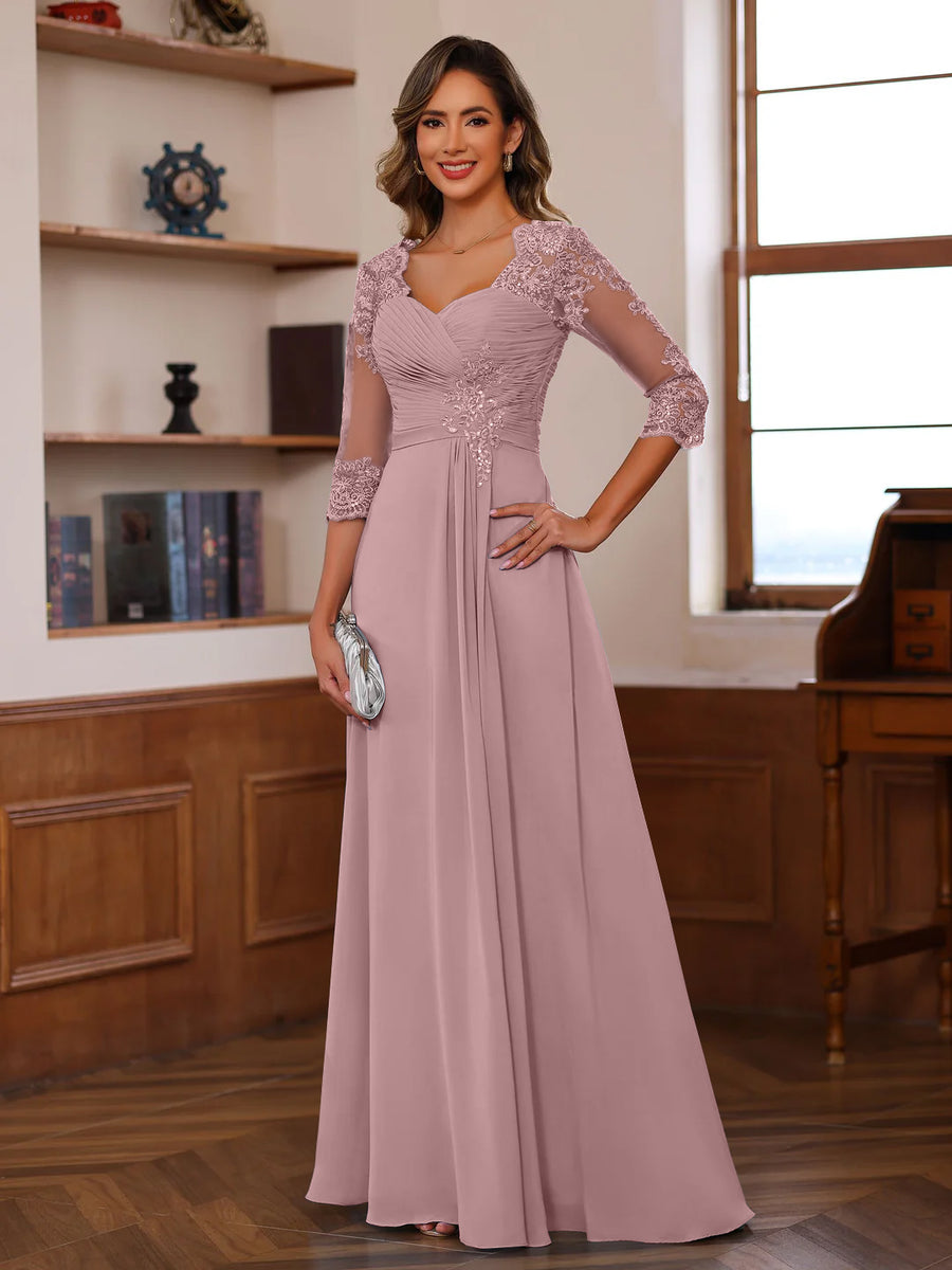 A-Line/Princess Sweetheart Neck 3/4 Length Sleeves Floor-Length Mother Of The Bride Dresses With Lace, Ruffles & Appliques