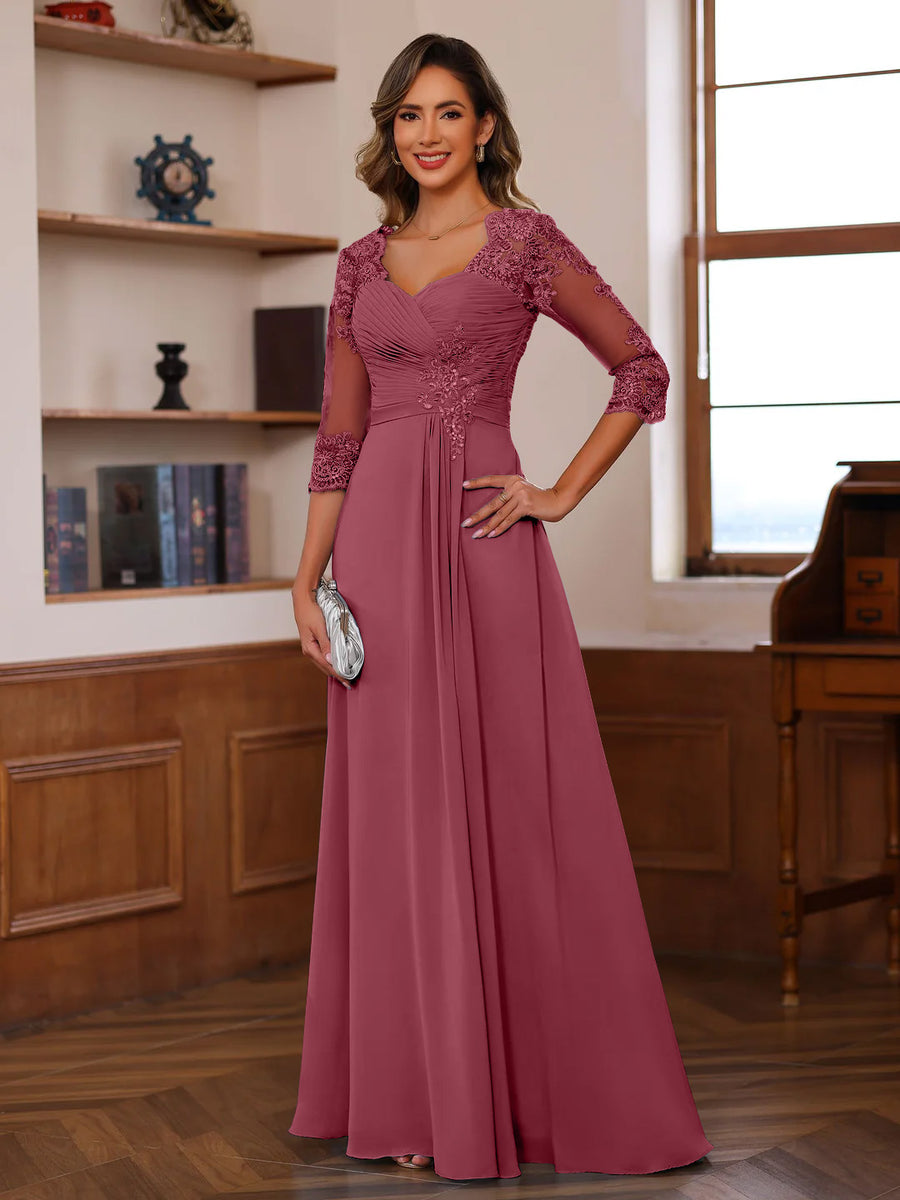 A-Line/Princess Sweetheart Neck 3/4 Length Sleeves Floor-Length Mother Of The Bride Dresses With Lace, Ruffles & Appliques