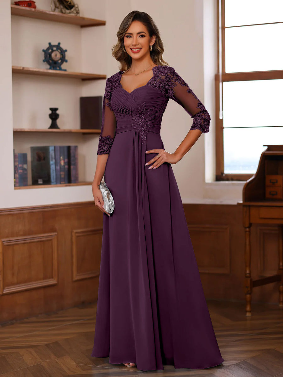 A-Line/Princess Sweetheart Neck 3/4 Length Sleeves Floor-Length Mother Of The Bride Dresses With Lace, Ruffles & Appliques