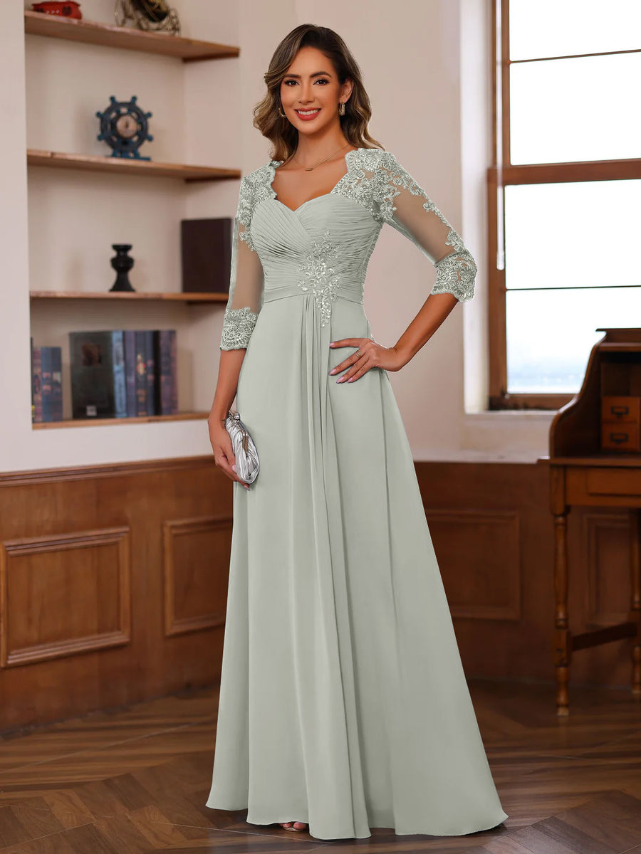 A-Line/Princess Sweetheart Neck 3/4 Length Sleeves Floor-Length Mother Of The Bride Dresses With Lace, Ruffles & Appliques