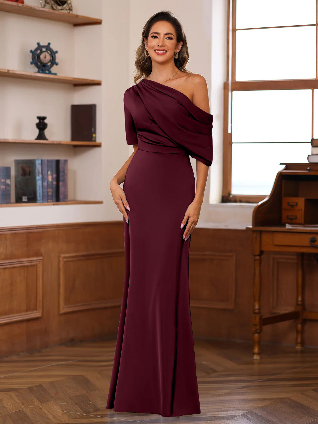 Sheath/Column One-Shoulder Half Sleeves Floor-Length Silk Satin Mother of the Bride Dresses with Ruffles