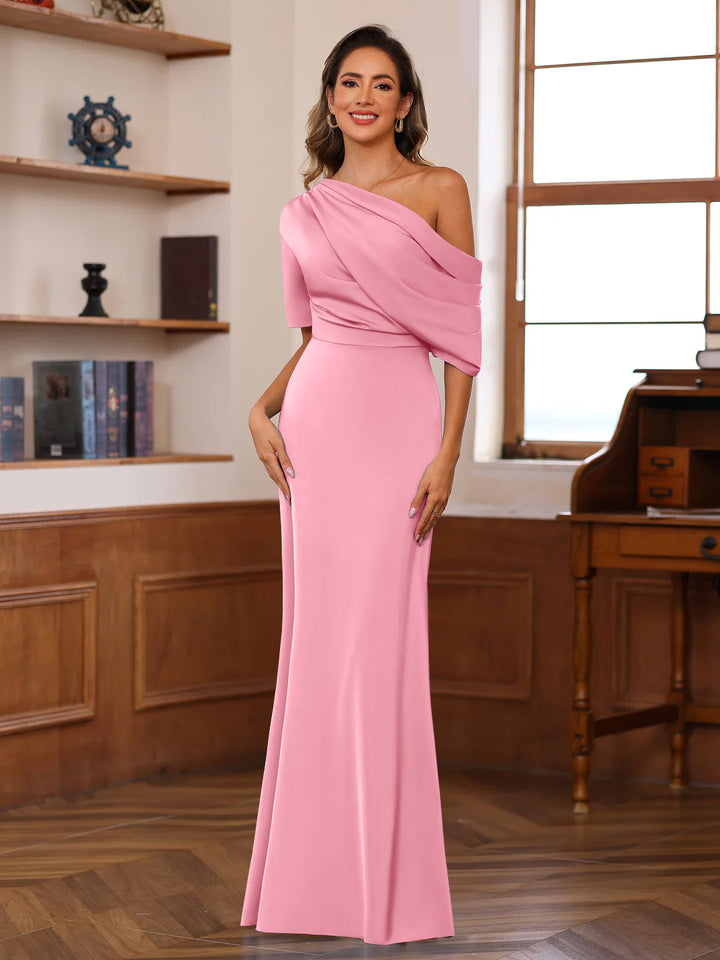 Sheath/Column One-Shoulder Half Sleeves Floor-Length Silk Satin Mother of the Bride Dresses with Ruffles