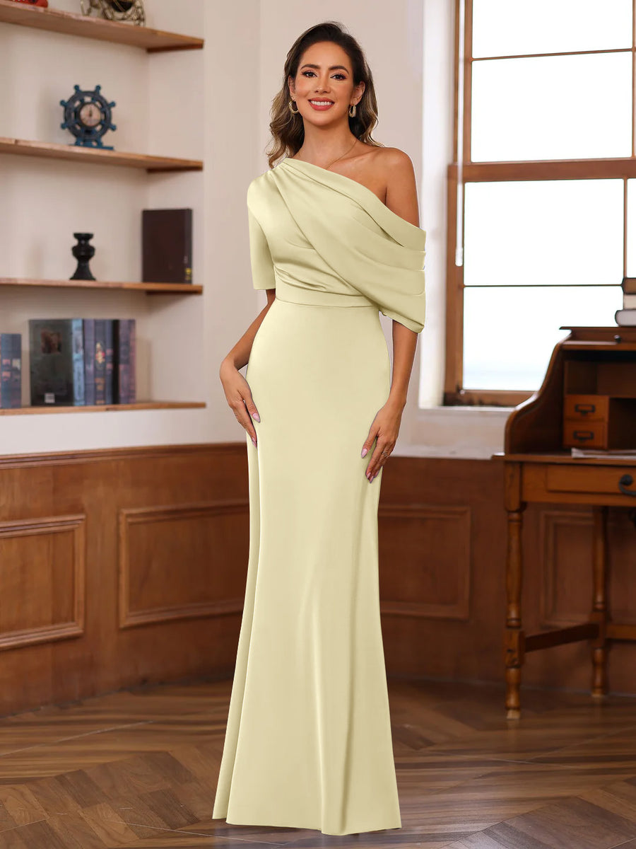 Sheath/Column One-Shoulder Half Sleeves Floor-Length Silk Satin Mother of the Bride Dresses with Ruffles
