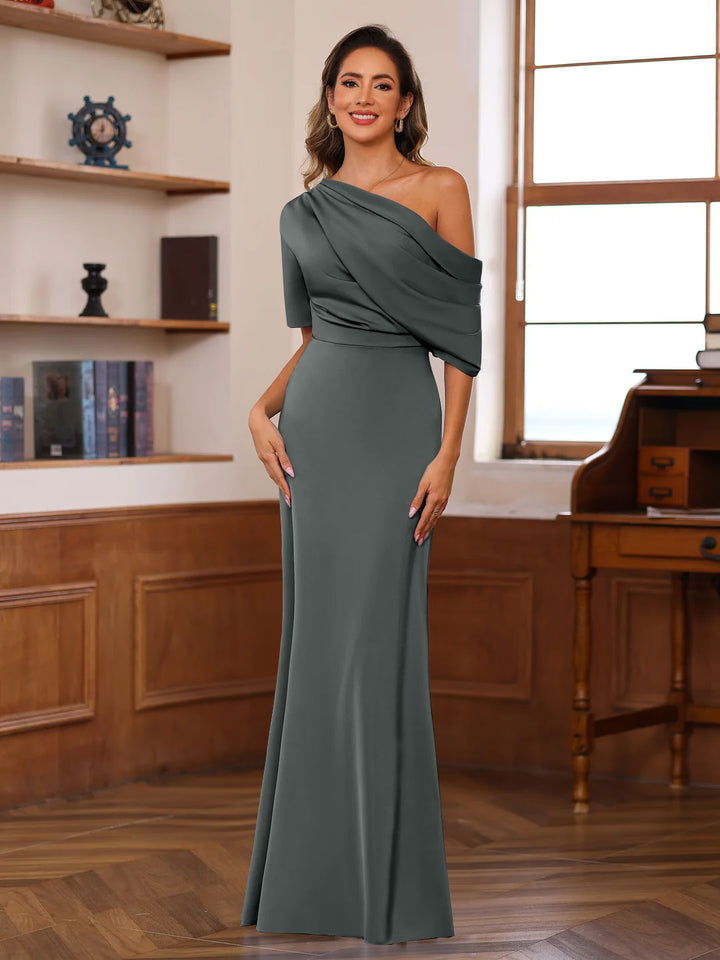 Sheath/Column One-Shoulder Half Sleeves Floor-Length Silk Satin Mother of the Bride Dresses with Ruffles