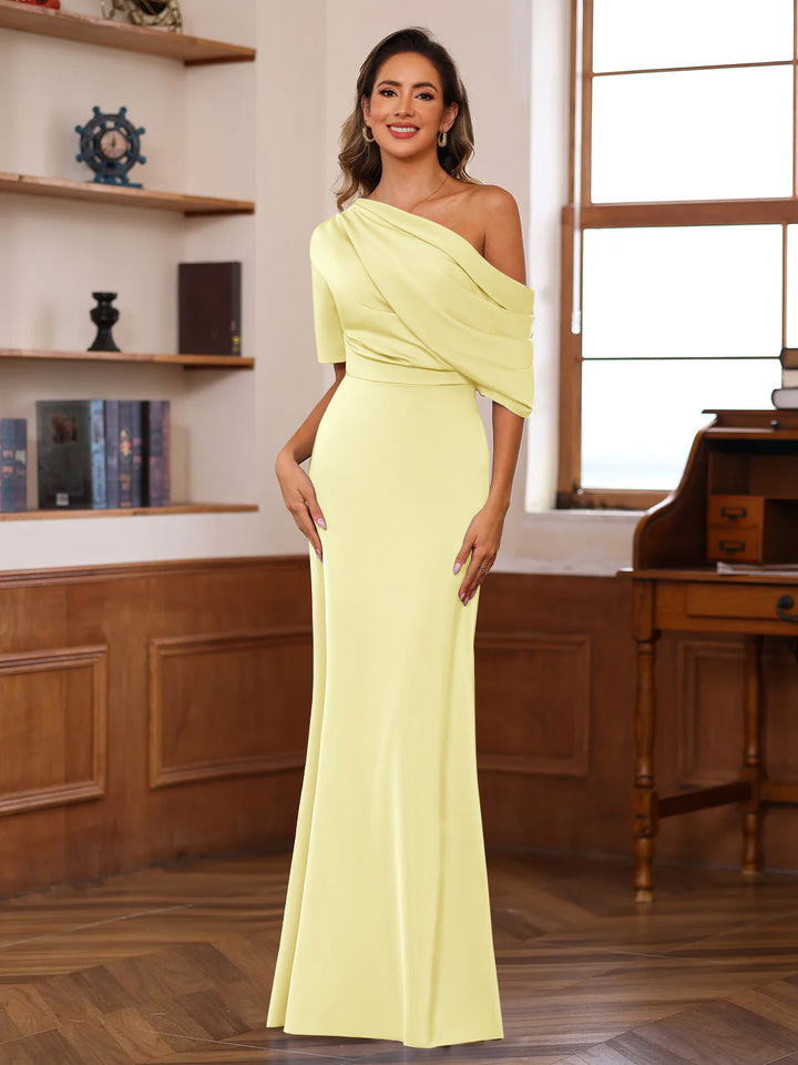 Sheath/Column One-Shoulder Half Sleeves Floor-Length Silk Satin Mother of the Bride Dresses with Ruffles