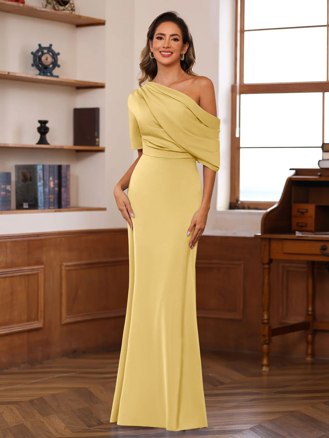 Sheath/Column One-Shoulder Half Sleeves Floor-Length Silk Satin Mother of the Bride Dresses with Ruffles Gold