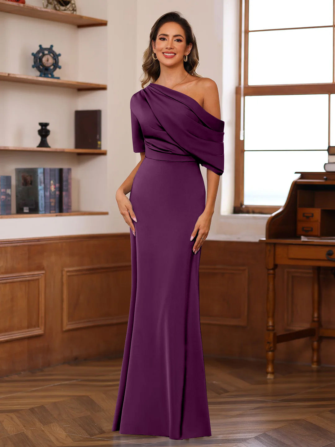 Sheath/Column One-Shoulder Half Sleeves Floor-Length Silk Satin Mother of the Bride Dresses with Ruffles