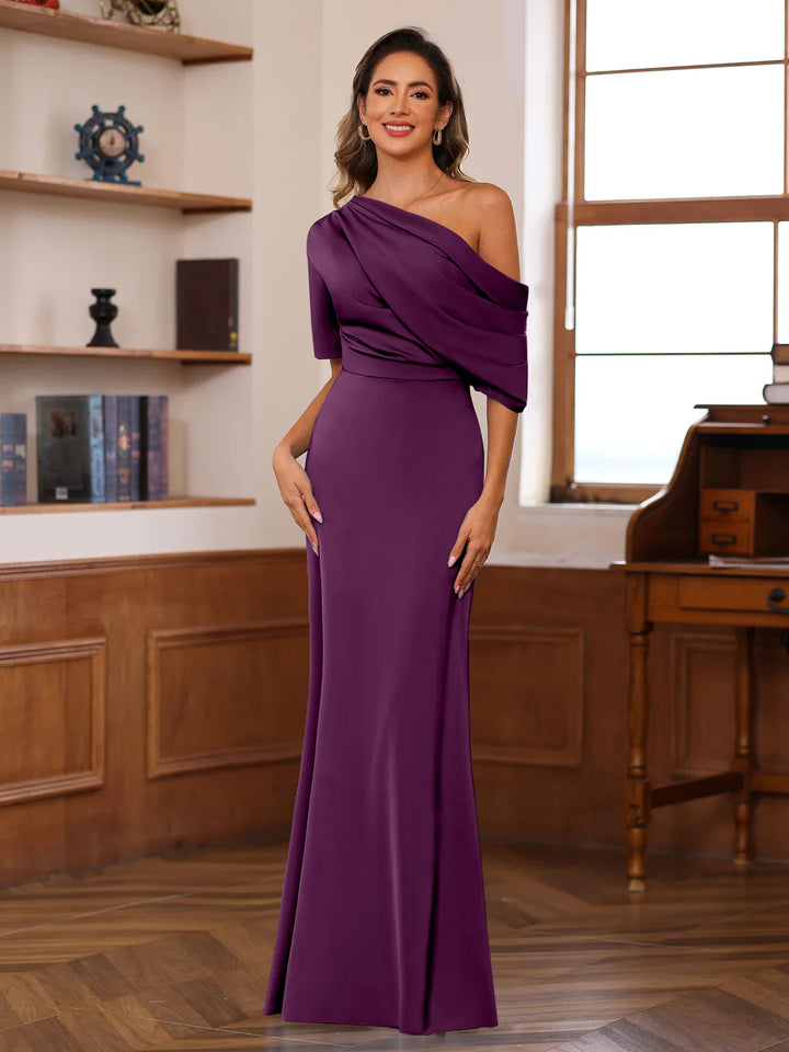 Sheath/Column One-Shoulder Half Sleeves Floor-Length Silk Satin Mother of the Bride Dresses with Ruffles