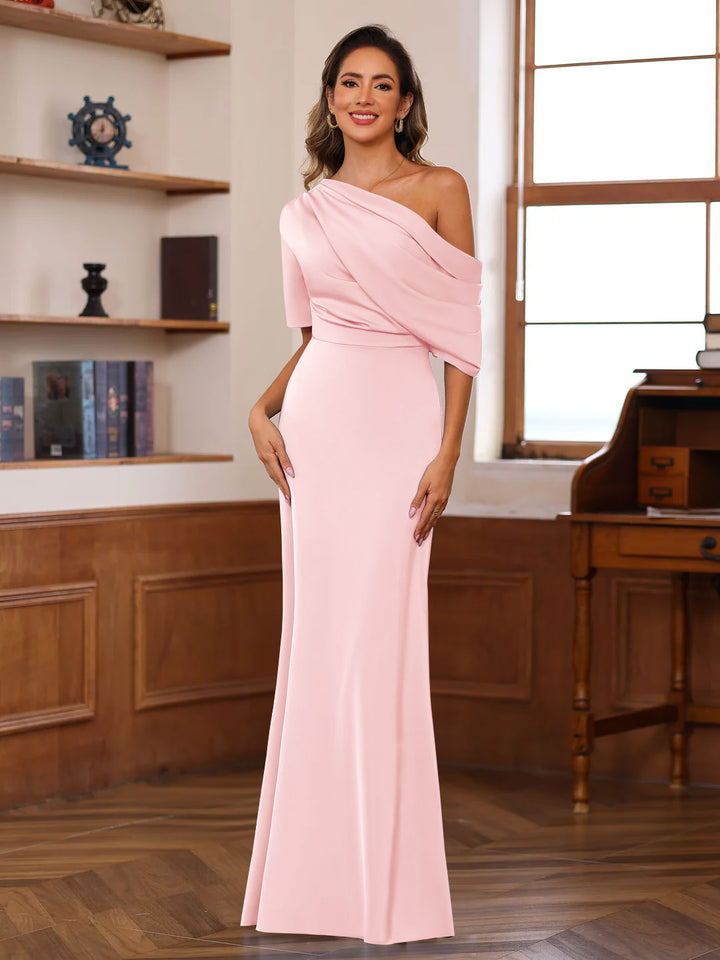 Sheath/Column One-Shoulder Half Sleeves Floor-Length Silk Satin Mother of the Bride Dresses with Ruffles