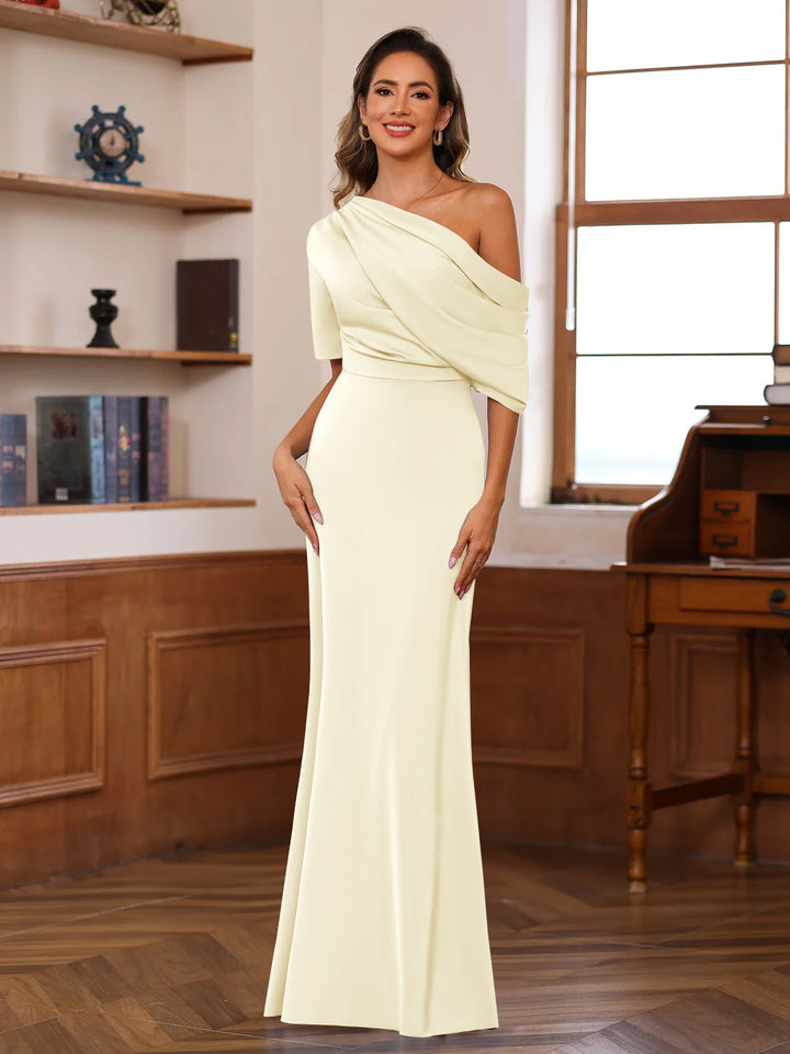 Sheath/Column One-Shoulder Half Sleeves Floor-Length Silk Satin Mother of the Bride Dresses with Ruffles