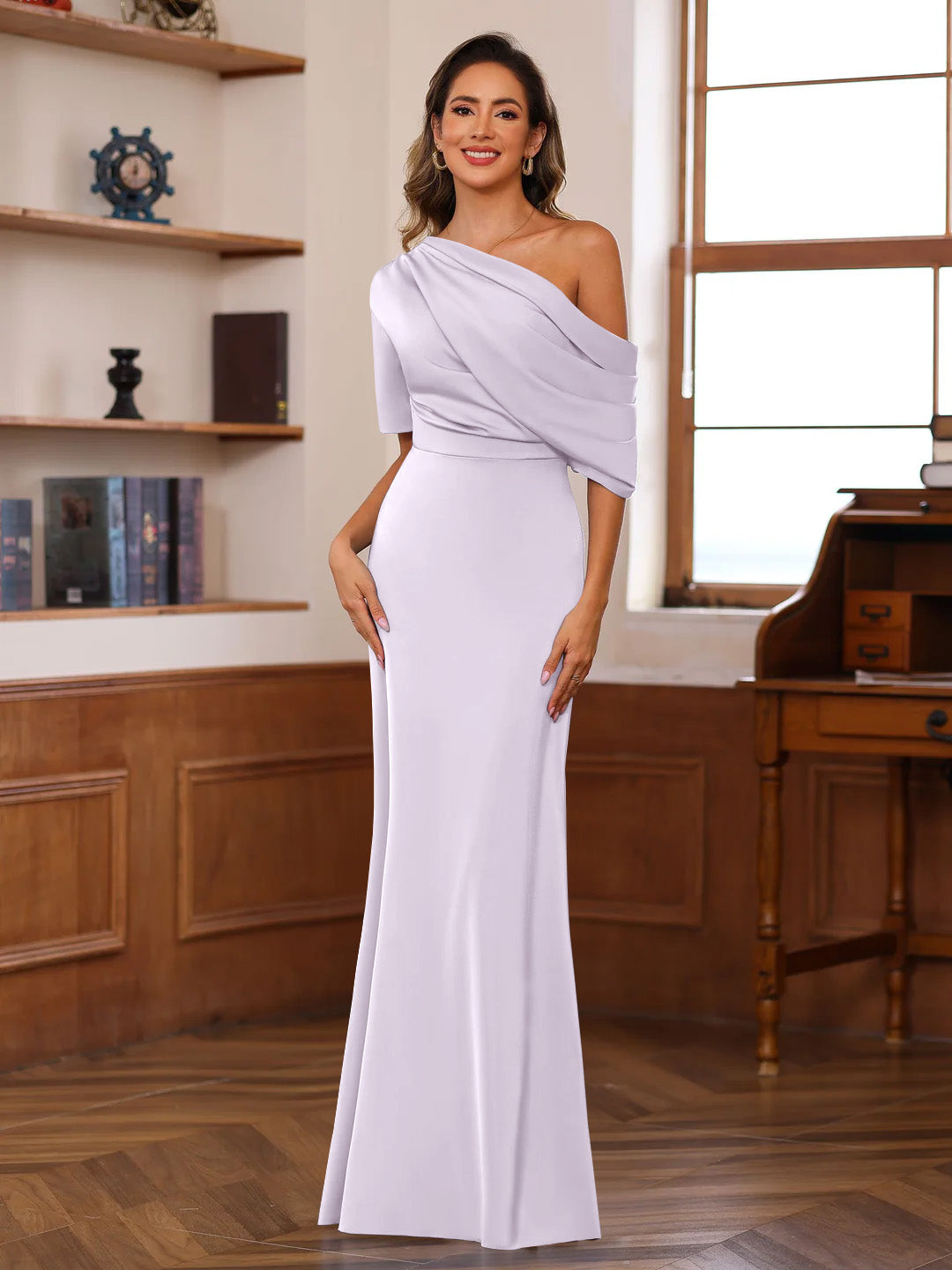 Sheath/Column One-Shoulder Half Sleeves Floor-Length Silk Satin Mother of the Bride Dresses with Ruffles Dusty Rose Sheath/Column One-Shoulder Half Sleeves Floor-Length Silk Satin Mother of the Bride Dresses with Ruffles Dusty Rose