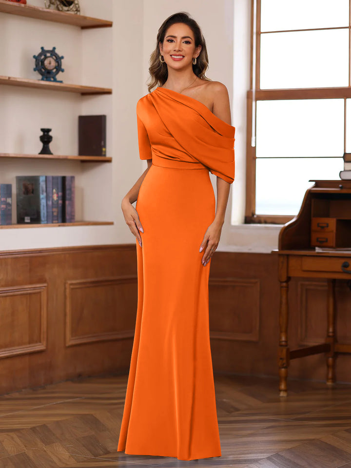 Sheath/Column One-Shoulder Half Sleeves Floor-Length Silk Satin Mother of the Bride Dresses with Ruffles