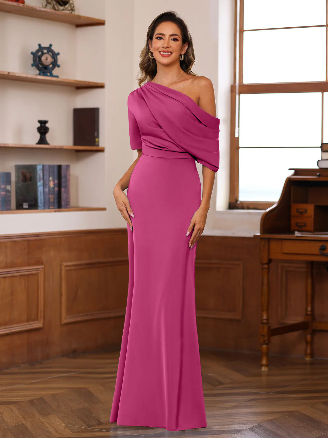 Sheath/Column One-Shoulder Half Sleeves Floor-Length Silk Satin Mother of the Bride Dresses with Ruffles