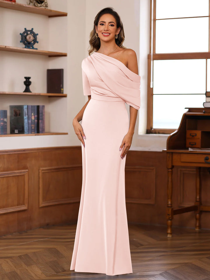 Sheath/Column One-Shoulder Half Sleeves Floor-Length Silk Satin Mother of the Bride Dresses with Ruffles
