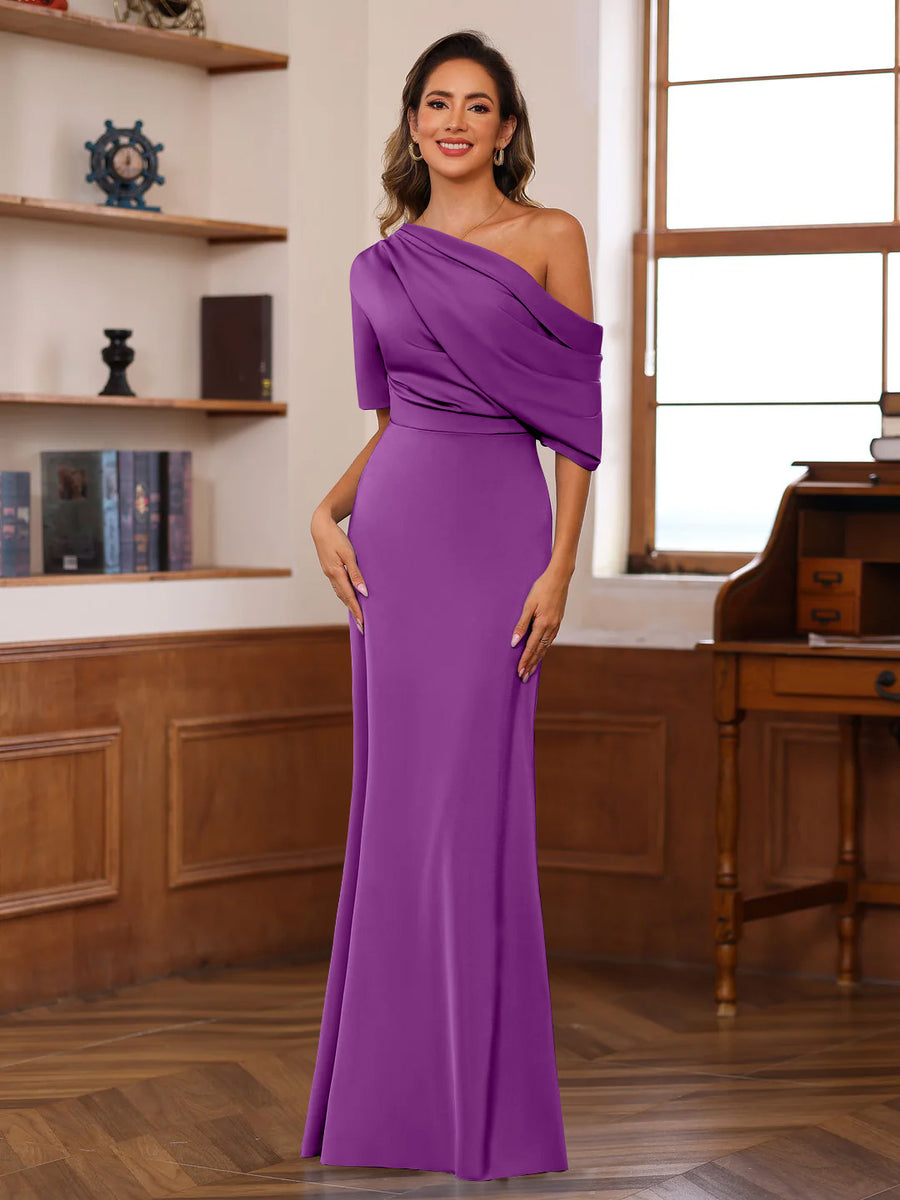 Sheath/Column One-Shoulder Half Sleeves Floor-Length Silk Satin Mother of the Bride Dresses with Ruffles