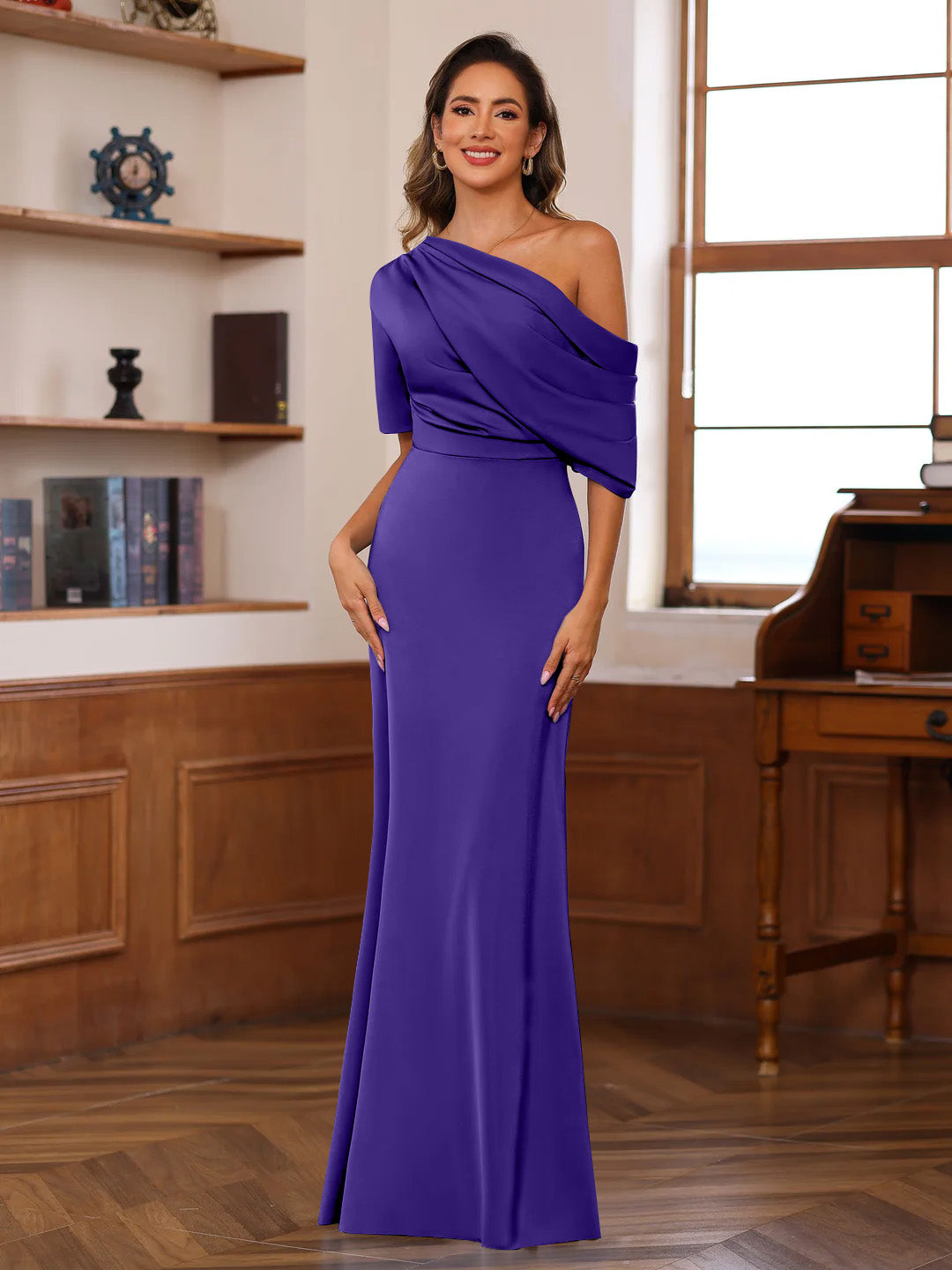Sheath/Column One-Shoulder Half Sleeves Floor-Length Silk Satin Mother of the Bride Dresses with Ruffles